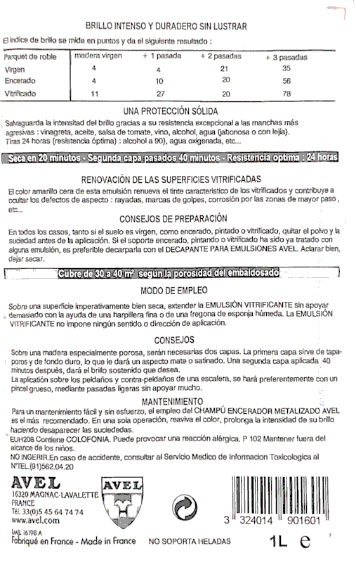 emulsion vitrificante etiqueta Instrucciones emulsion vitrificante parquet Avel