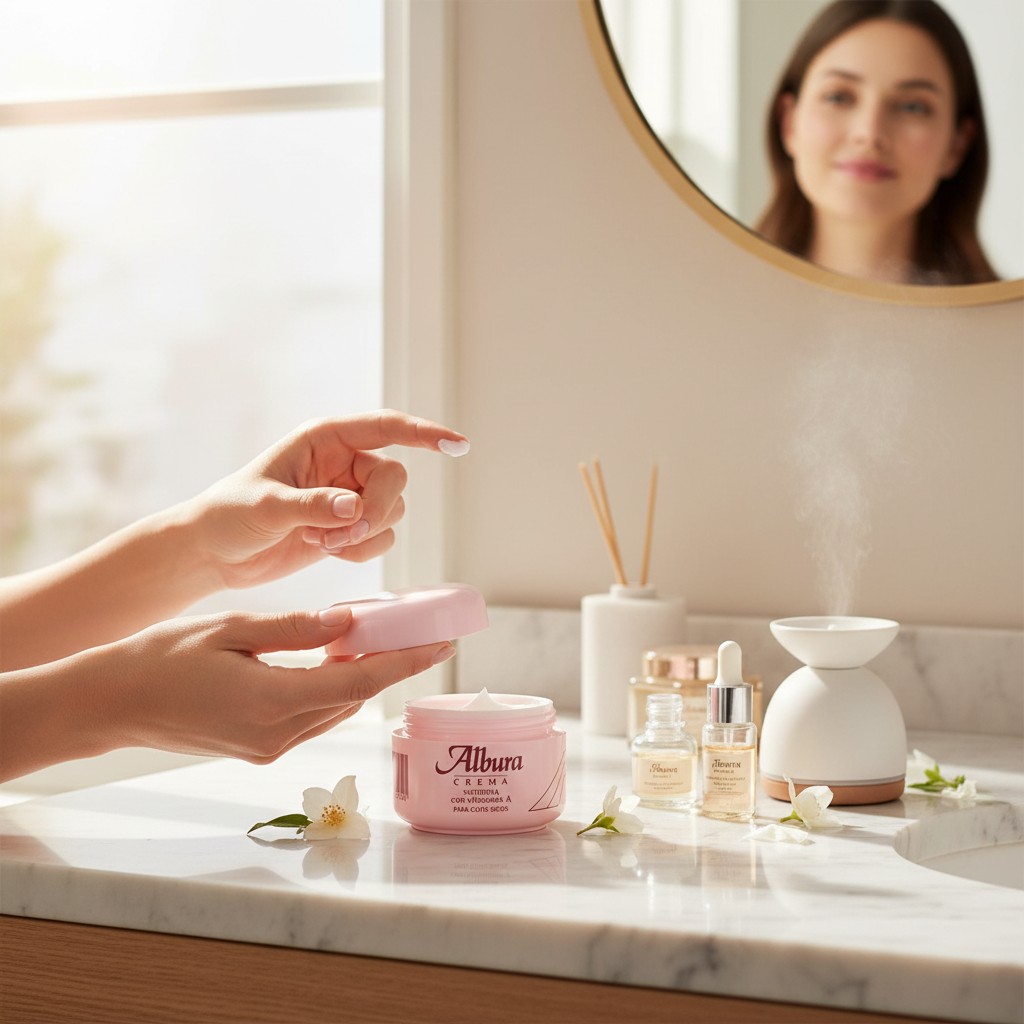 Una persona abre un frasco de «Albura rosa crema nutritiva con vitamina A» de 200 ml sobre el tocador del baño, junto a otros frascos de productos para el cuidado de la piel, flores y un difusor. En el espejo se ve el reflejo de una mujer.