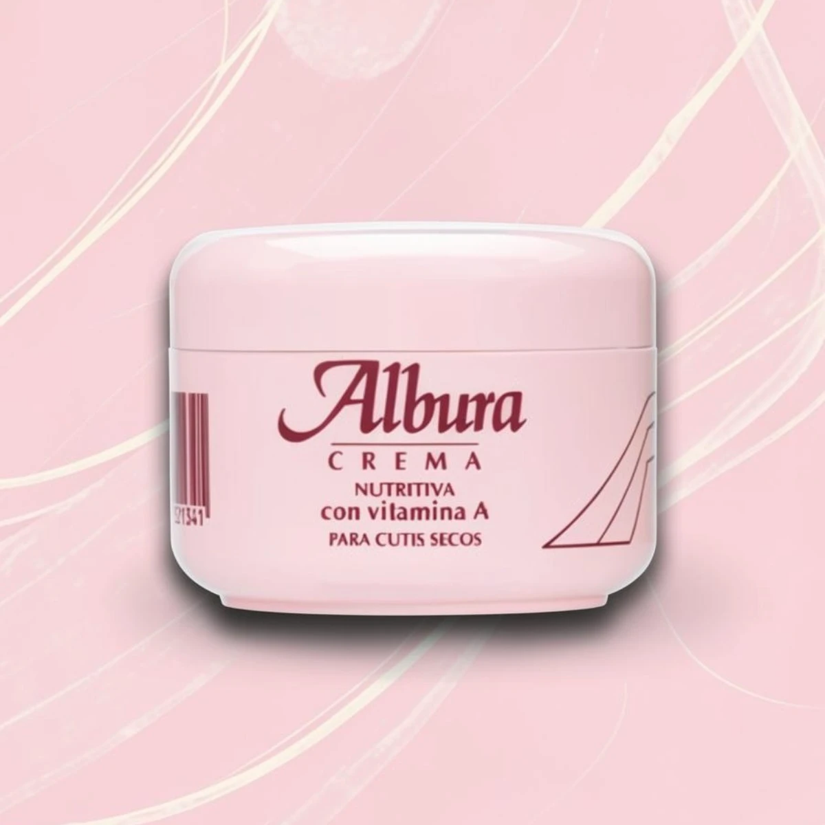 Un tarro de crema nutritiva Albura Rosa con vitamina A de 200 ml, con su característico envase rosa, aparece en el centro de un fondo abstracto de color rosa claro.