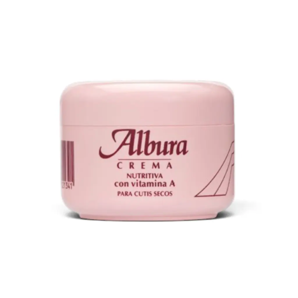 Se muestra un tarro de 200 ml de «Albura rosa crema nutritiva con vitamina A» sobre un fondo blanco. El envase rosa tiene la tapa cerrada y presenta un texto de color granate en la etiqueta frontal.
