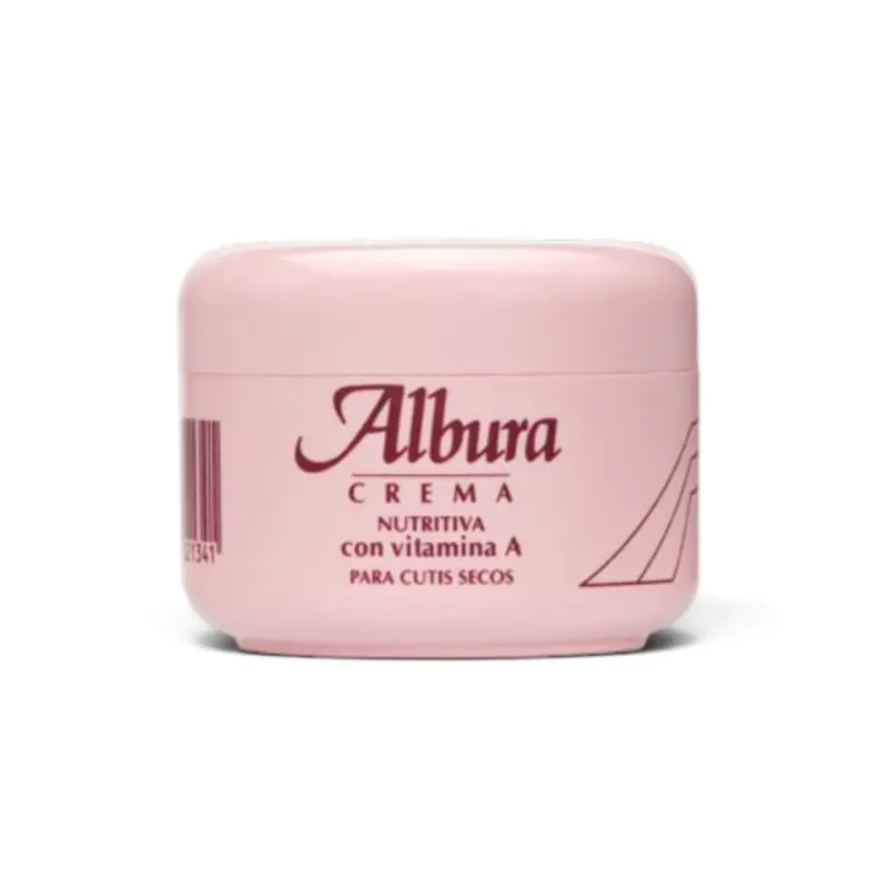 Se muestra un tarro de 200 ml de «Albura rosa crema nutritiva con vitamina A» sobre un fondo blanco. El envase rosa tiene la tapa cerrada y presenta un texto de color granate en la etiqueta frontal.