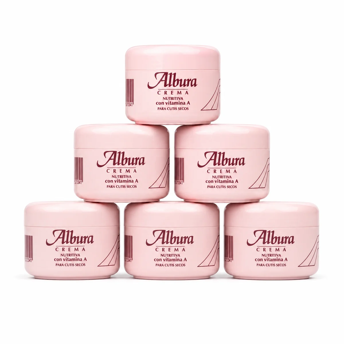 Seis tarros de Albura Rosa Crema Nutritiva con vitamina A de 200 ml, pensados para la piel seca, están apilados formando una pirámide rosa sobre un fondo blanco.