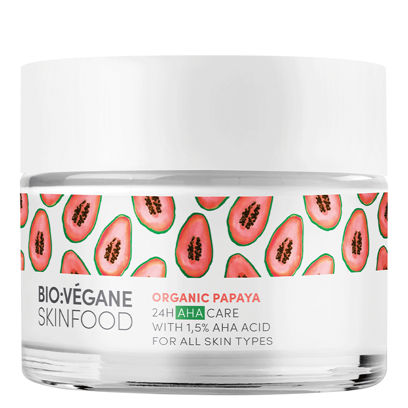 Un tarro blanco de BIO:VÉGANE Skinfood Crema facial piel estresada Cañamo orgánico 50ml, con una etiqueta con ilustraciones de cáñamo y texto para el cuidado de la piel estresada.