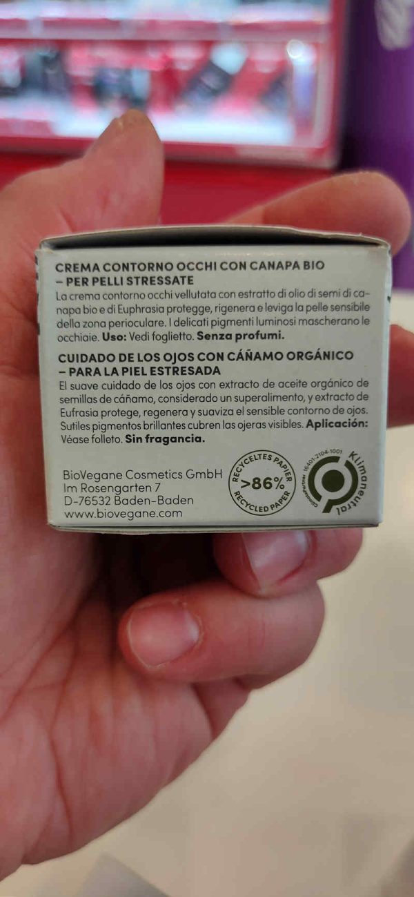 Bio Vegane contorno ojo piel estresada Cañamo orgánico 30ml - Imagen 3