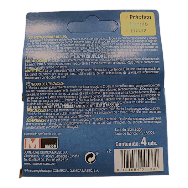 Dorso del Paquete tiras atrapamoscas de Preben. Instrucciones escritas.