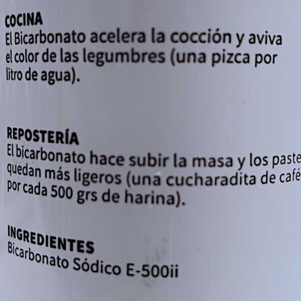 Detalle indicaciones Bicarbonato alimentario 200gr Diranzo en bote