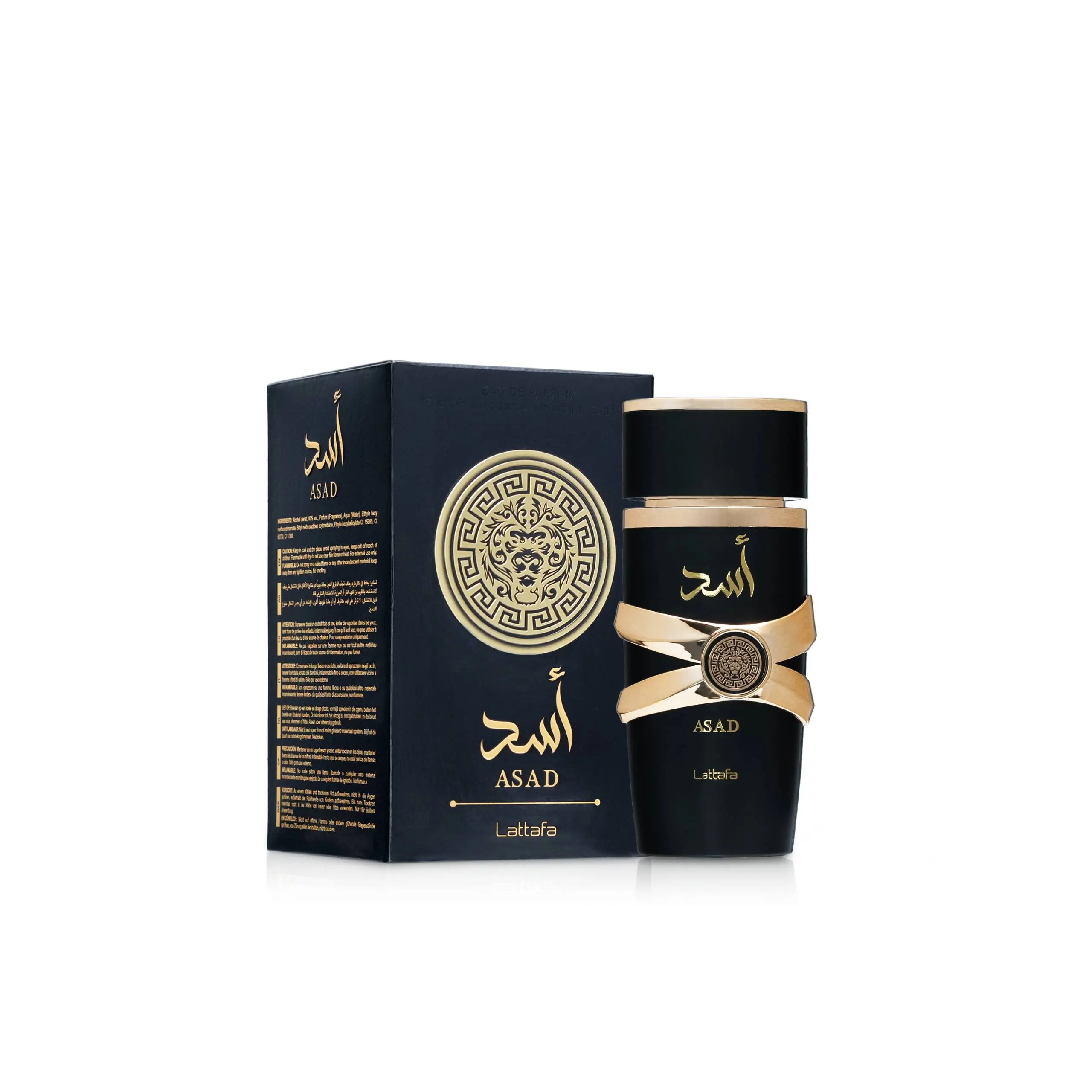 Un frasco de perfume Lattafa Asad EDP de 100 ml, negro y dorado, junto a su estuche a juego, ambos adornados con escritura árabe y una ornamentada cabeza de león dorada.