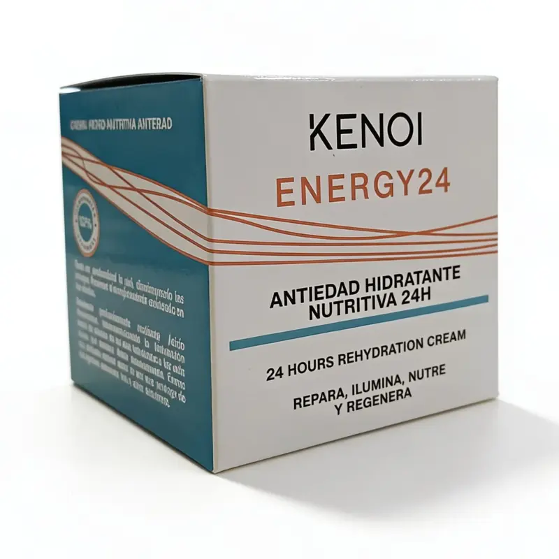 Una caja de Kenoi Sensitive Calm, crema calmante 24H de 50 ml, presentada como una crema calmante para pieles sensibles que proporciona confort durante 24 horas. El envase es blanco con detalles en azul y naranja, y lleva texto en español e inglés.