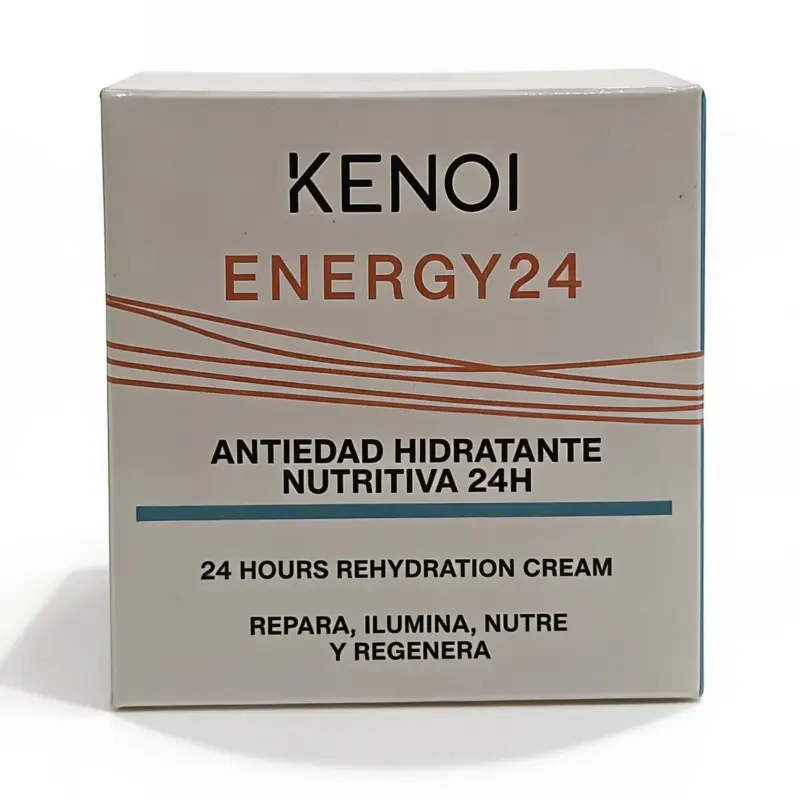 Una caja de crema calmante Kenoi Sensitive Calm 24H de 50 ml, con descripciones en español e inglés sobre hidratación, reparación, nutrición y regeneración.