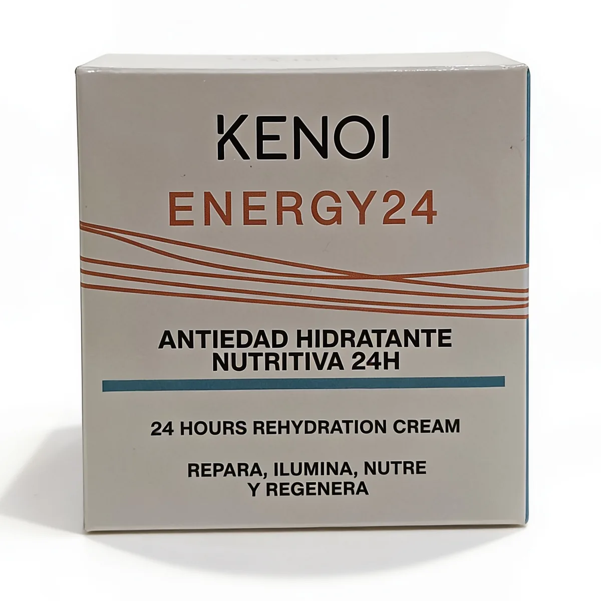 Una caja de crema calmante Kenoi Sensitive Calm 24H de 50 ml, con descripciones en español e inglés sobre hidratación, reparación, nutrición y regeneración.