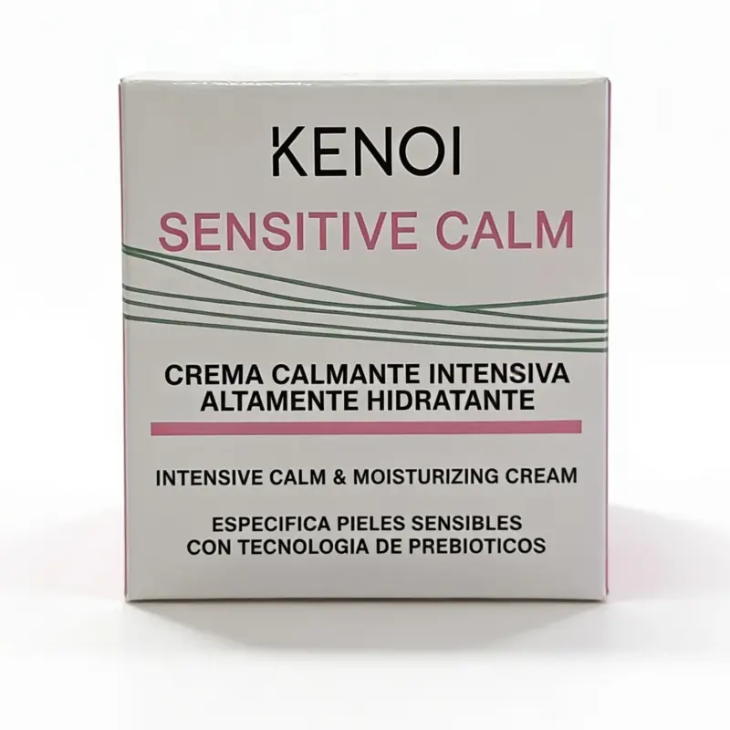 Una caja de crema calmante Kenoi Sensitive Calm 24H de 50 ml, diseñada para pieles sensibles, con texto bilingüe en español e inglés sobre fondo blanco.