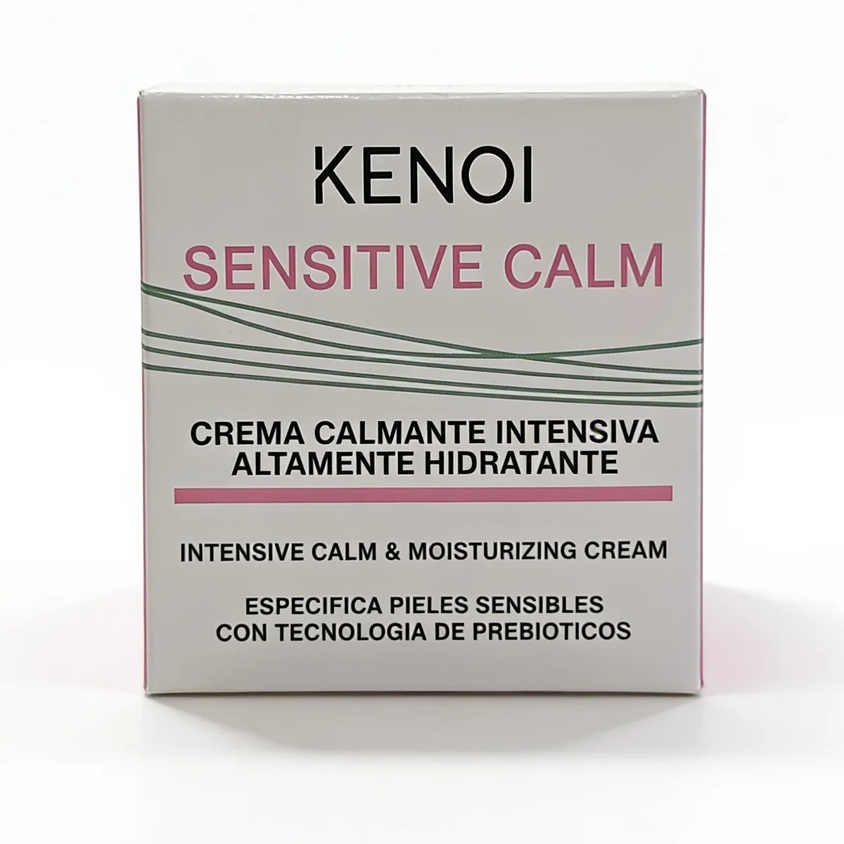 Una caja de crema calmante Kenoi Sensitive Calm 24H de 50 ml, diseñada para pieles sensibles, con texto bilingüe en español e inglés sobre fondo blanco.