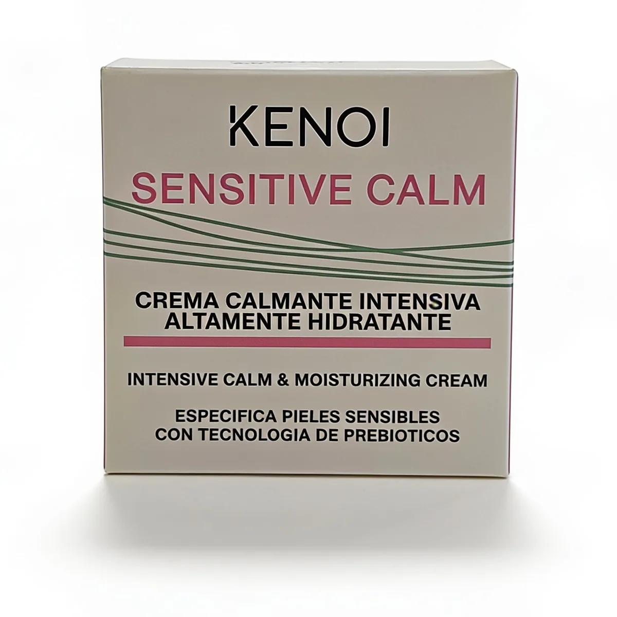 Caja de Kenoi Sensitive Calm, crema calmante 24 horas, 50 ml, para piel sensible, con tecnología prebiótica. El envase es blanco con texto en rosa y verde, tanto en español como en inglés.