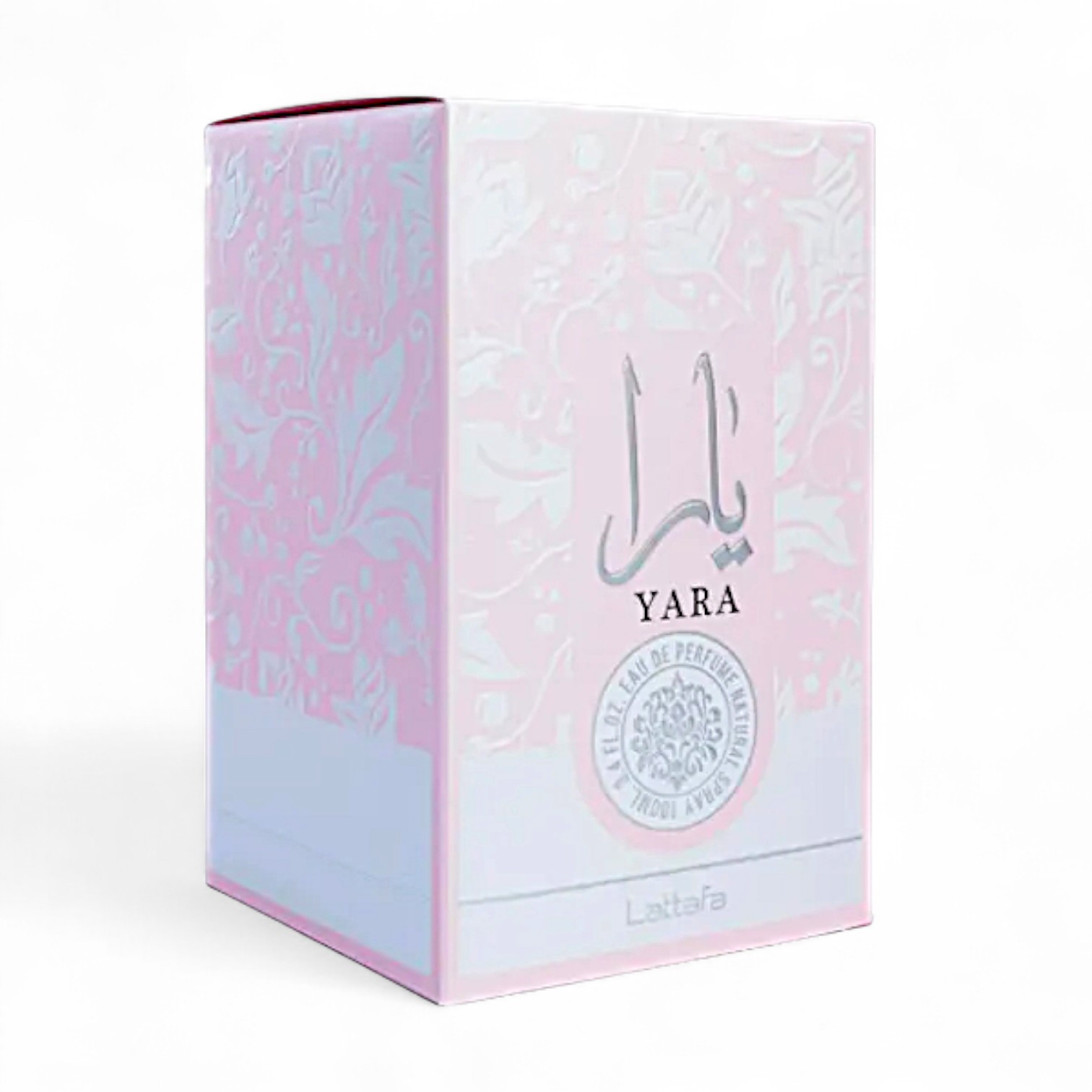 Una caja de perfume rosa y blanca etiquetada Lattafa Yara Rosa con escritura árabe plateada, motivos florales y el nombre de la marca Lattafa en la parte inferior. Este Eau de Parfum para perfume de mujer presenta un diseño suave y elegante con intrincados detalles.