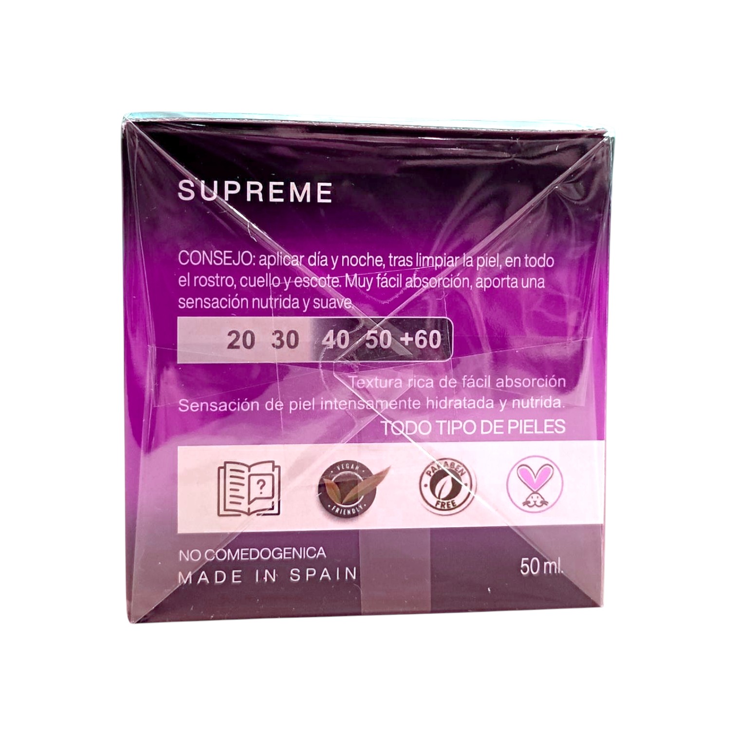 Un estuche morado y rosa de Kenoi Supreme Multi-intensive crema antiedad 50ml, con texto en español sobre el uso, los ingredientes y la idoneidad para todo tipo de pieles; incluye iconos de hipoalergénico y test dermatológico.