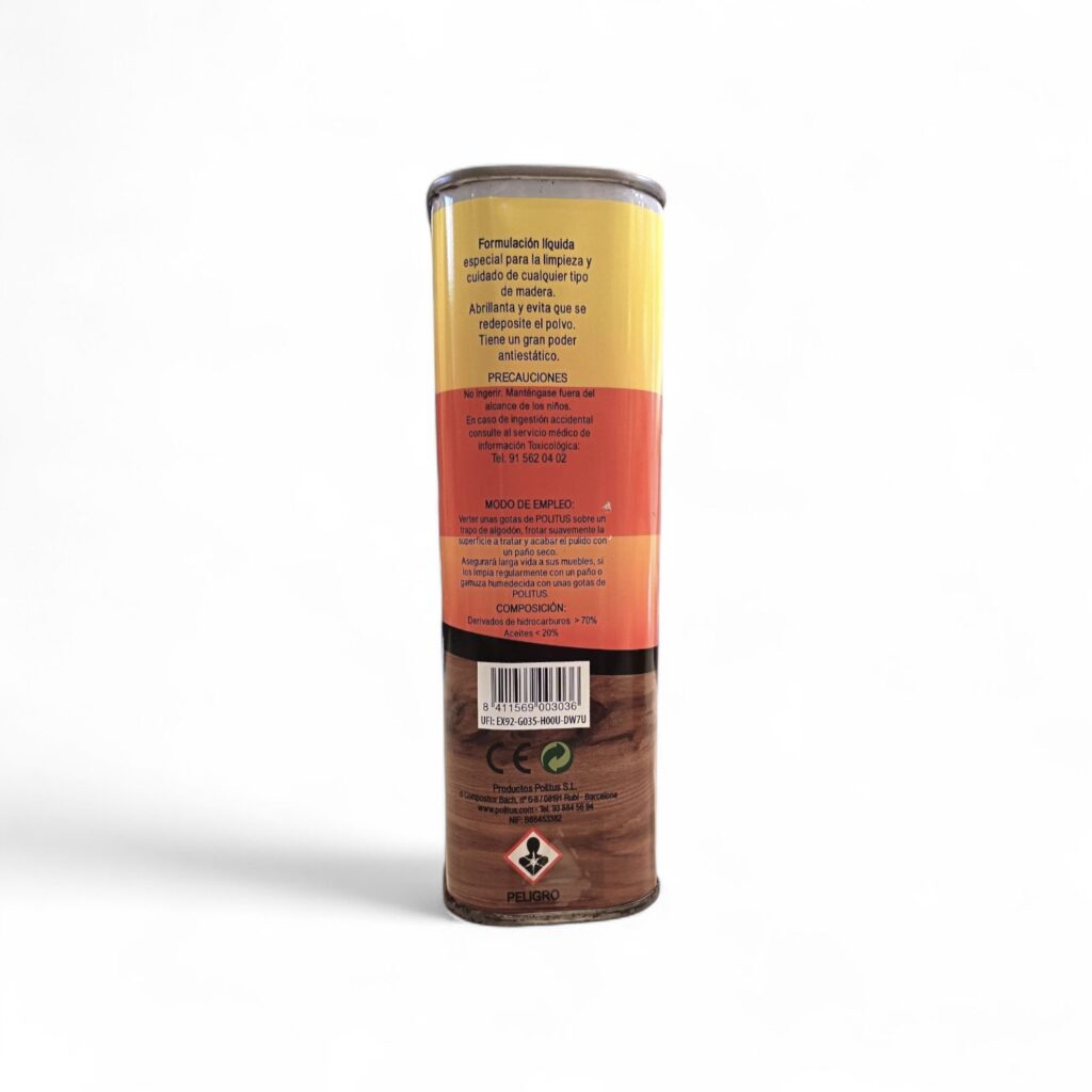 politus-muebles-barnizados-lateral Envase cilíndrico de Politus limpiador muebles barnizados lata 1000ml con etiqueta marrón y amarilla en español con símbolos de seguridad, instrucciones de uso y las palabras PELIGRO y COMPOSICIÓN en la parte inferior. Tiene una tapa de color plateado.