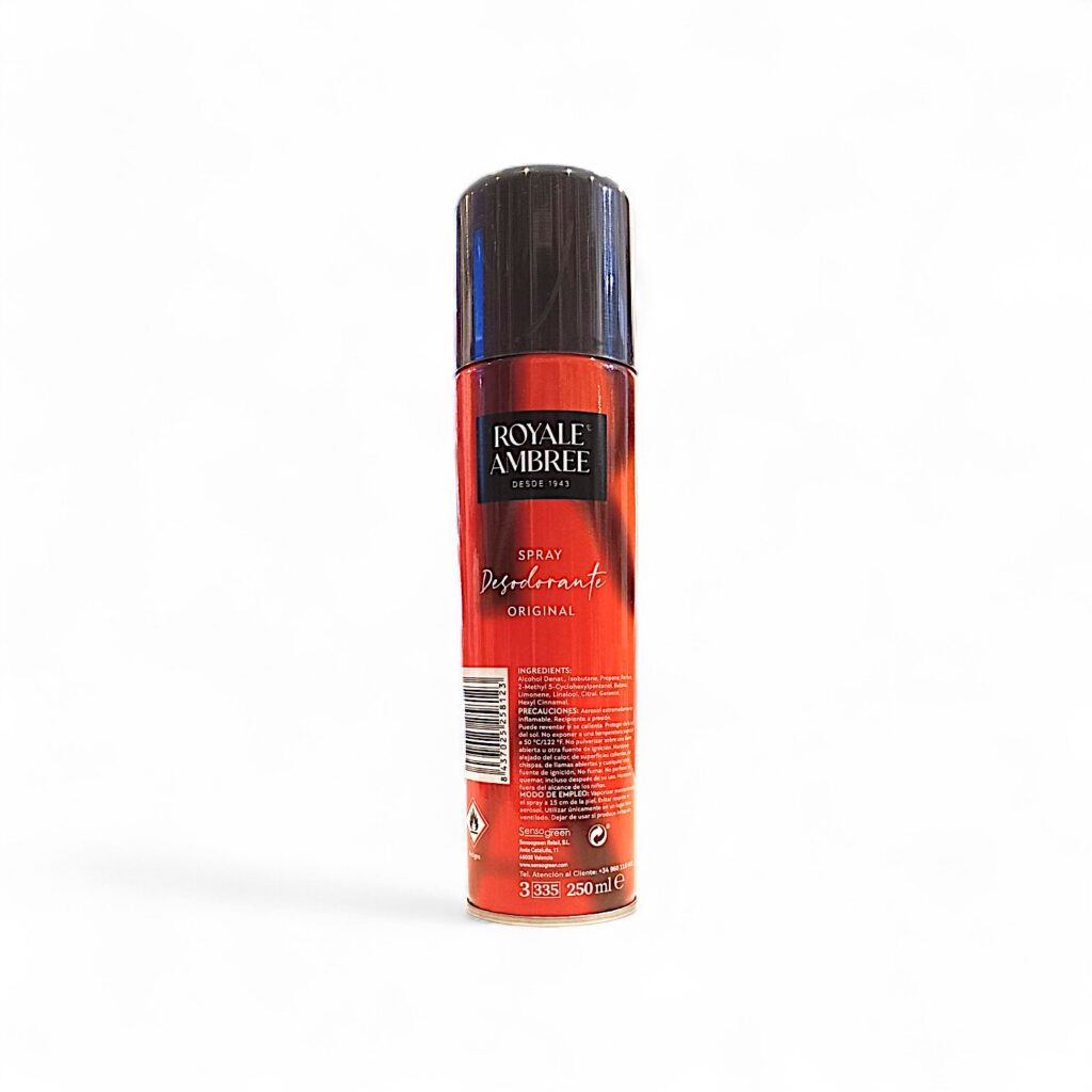 royal-ambree-deo-spray-back Un bote rojo y negro de desodorante Royale Ambree Original está en posición vertical sobre un fondo blanco liso. El texto y los ingredientes son visibles en la etiqueta frontal.