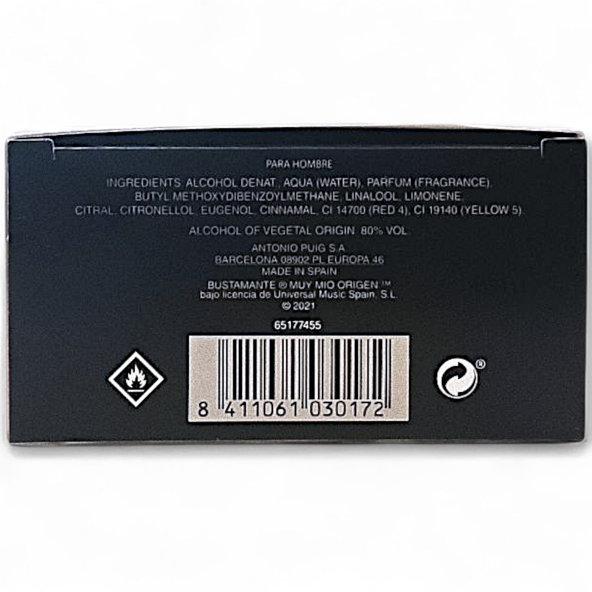 Reverso de una caja negra de Bustamante Muy Mio Origen EDT 100ml con ingredientes, símbolos de seguridad, código de barras, iconos de reciclaje y datos del fabricante en español. Incluye nombres químicos y notas es una fragancia masculina hecha en España.