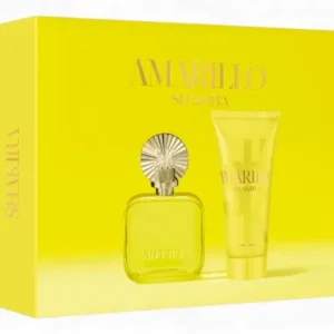 El set Shakira Amarillo EDP 50ml + BL 75ml incluye un frasco de perfume amarillo con un tapón detallado y un tubo amarillo a juego, ambos presentados en una vibrante caja de regalo amarilla sobre un fondo amarillo.