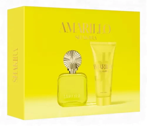 El set Shakira Amarillo EDP 50ml + BL 75ml incluye un frasco de perfume amarillo con un tapón detallado y un tubo amarillo a juego, ambos presentados en una vibrante caja de regalo amarilla sobre un fondo amarillo.