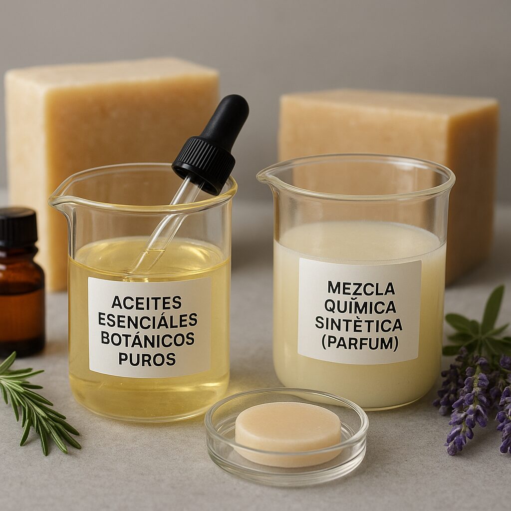 Dos vasos se sientan uno al lado del otro; uno contiene líquido amarillo etiquetado "Aceites Esenciales Botánicos Puros" y el otro, líquido turbio etiquetado "Mezcla Química Sintética (Parfum)." Los rodean hierbas, barras sólidas y un cuentagotas.