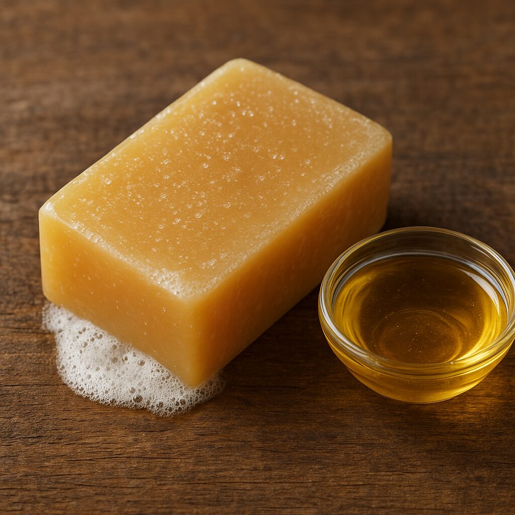 Una pastilla rectangular de jabón dorado con burbujas descansa sobre una superficie de madera junto a un pequeño cuenco de cristal lleno de líquido dorado.