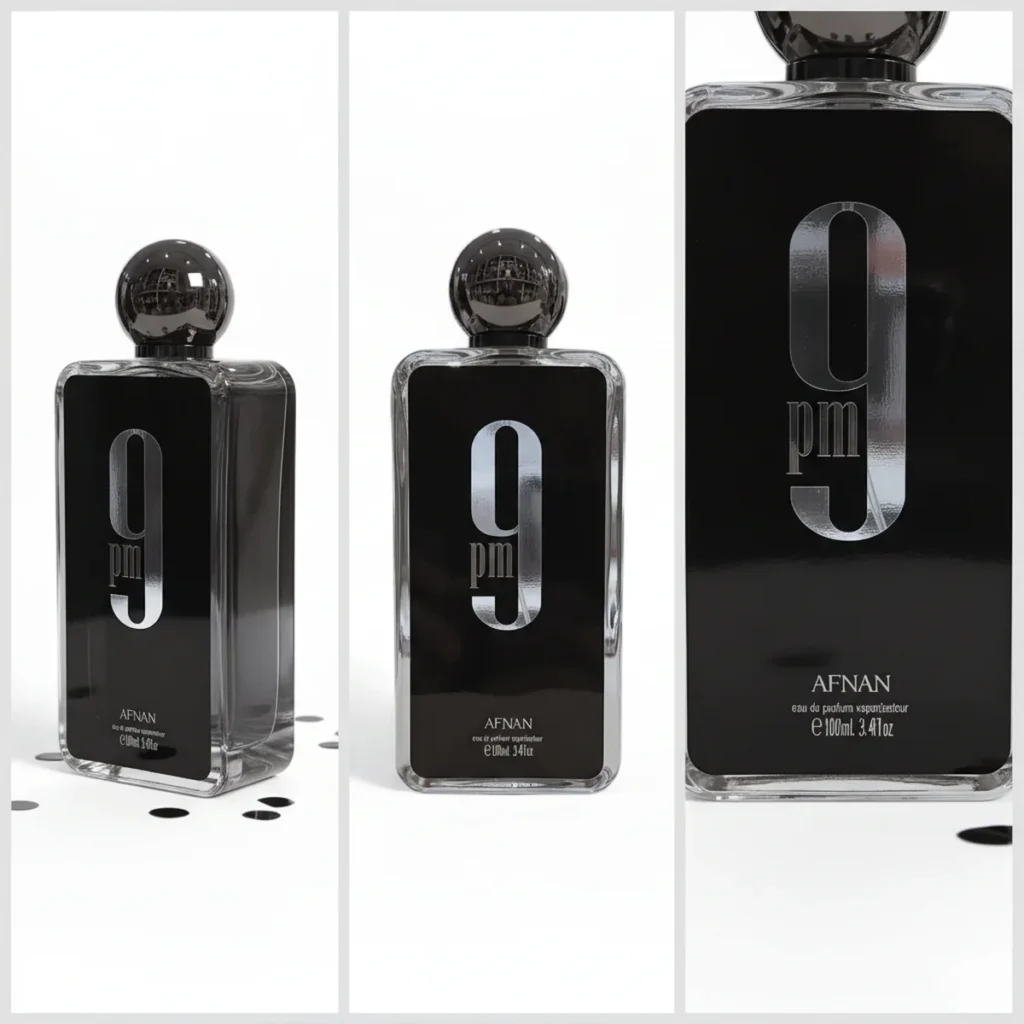 Un frasco de perfume negro con la etiqueta "9 pm" de Afnan, mostrado desde tres ángulos sobre un fondo blanco con confeti negro disperso. El frasco tiene un tapón esférico negro y texto plateado en la parte delantera.