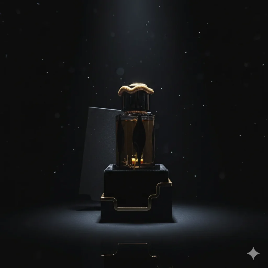 Un lujoso frasco de perfume oscuro con detalles dorados se destaca sobre un pedestal negro, rodeado de suaves partículas sobre un fondo oscuro, creando una atmósfera elegante y misteriosa.
