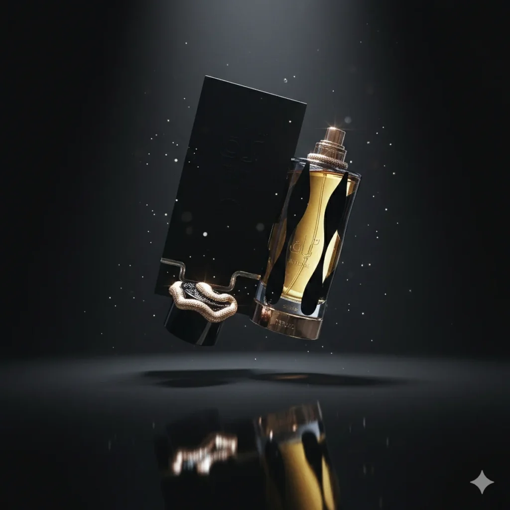 Un lujoso frasco de perfume con un diseño dorado y negro flota en un espacio oscuro e iluminado, rodeado de pequeñas partículas brillantes. El tapón está quitado y colocado junto al frasco.