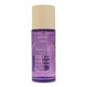 Frasco de 100 ml de bruma capilar y corporal Saphir Parfums Tropic Gold Beleza Plum & Vanilla. El frasco es morado con tapón beige y texto decorativo blanco en la parte delantera.