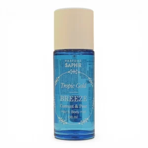 Un frasco azul de bruma corporal y capilar Saphir Tropic Gold Breeze Currant & Pear, 100 ml, con tapón beige, fotografiado sobre fondo blanco.