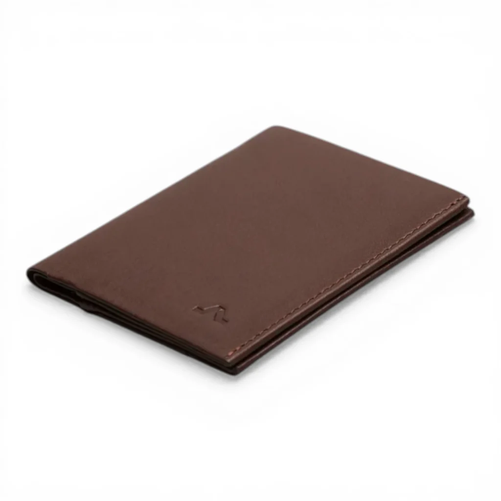 Una cartera de piel marrón con un diseño sencillo y minimalista y un pequeño logotipo en relieve en la esquina, colocado sobre un fondo blanco liso. Una cartera de piel marrón con un diseño sencillo y minimalista y un pequeño logotipo en relieve en la esquina, colocado sobre un fondo blanco liso.