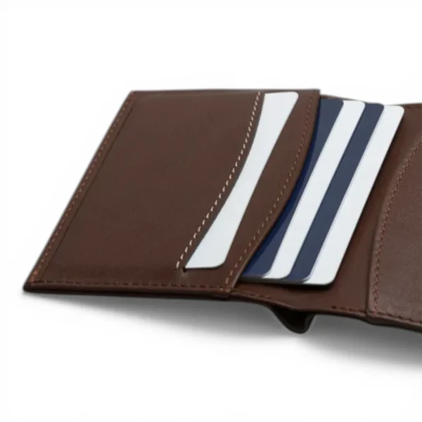 Una cartera de cuero marrón está abierta, mostrando varias tarjetas blancas y azules ordenadas en sus ranuras sobre un fondo blanco.