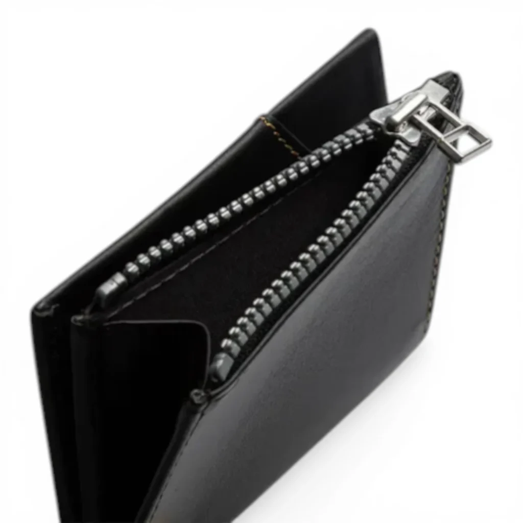 Una cartera de cuero negro con una cremallera plateada parcialmente abierta, que revela múltiples compartimentos en su interior. La cartera está fotografiada desde un ángulo superior sobre un fondo blanco. Una cartera de cuero negro con una cremallera plateada parcialmente abierta, que revela múltiples compartimentos en su interior. La cartera está fotografiada desde un ángulo superior sobre un fondo blanco.