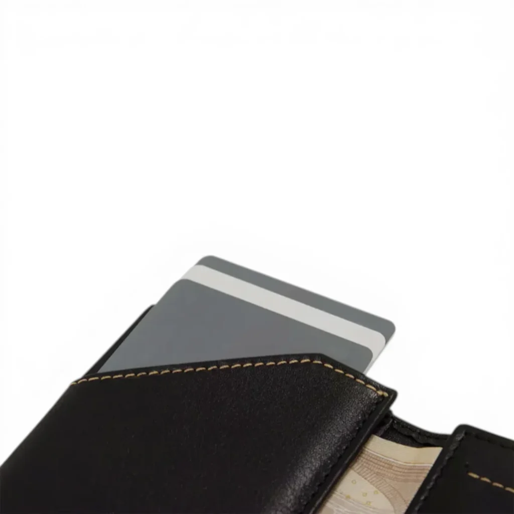 Una cartera de cuero negro parcialmente abierta, mostrando dos tarjetas de crédito y un billete en su interior, sobre fondo blanco. Una cartera de cuero negro parcialmente abierta, mostrando dos tarjetas de crédito y un billete en su interior, sobre fondo blanco.