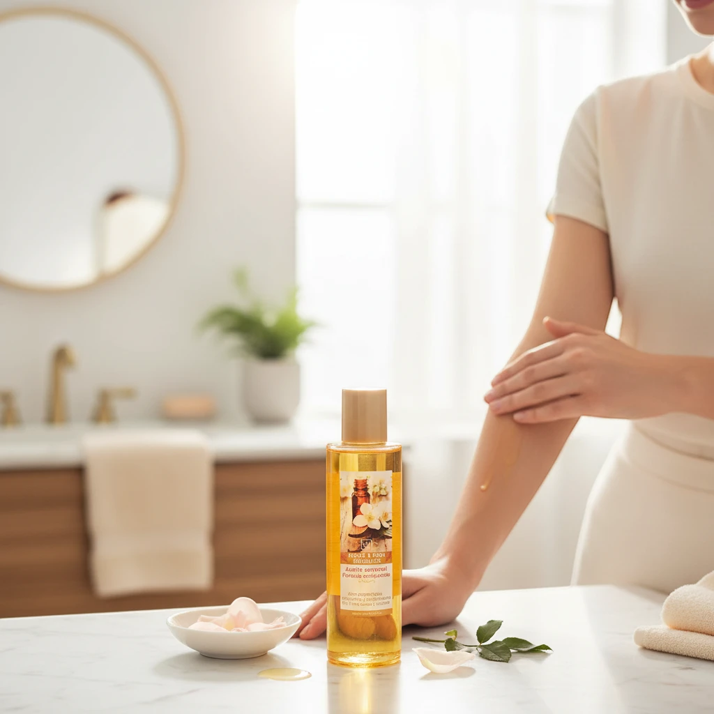 Una mujer vestida de blanco se aplica aceite en el brazo en un cuarto de baño luminoso, con una botella de aceite corporal, un cuenco de pétalos y hojas verdes sobre una encimera de mármol. Al fondo, un espejo redondo y un lavabo.