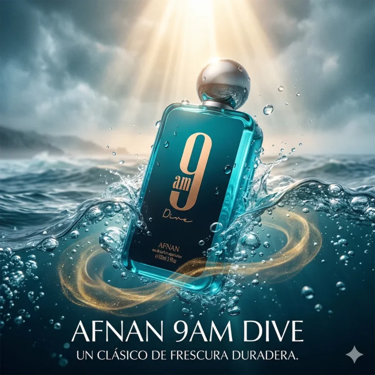 Un frasco azul del perfume AFNAN 9AM Dive emerge de las olas del océano bajo una luz espectacular. El texto debajo dice: AFNAN 9AM DIVE. Un clásico de frescura duradera.