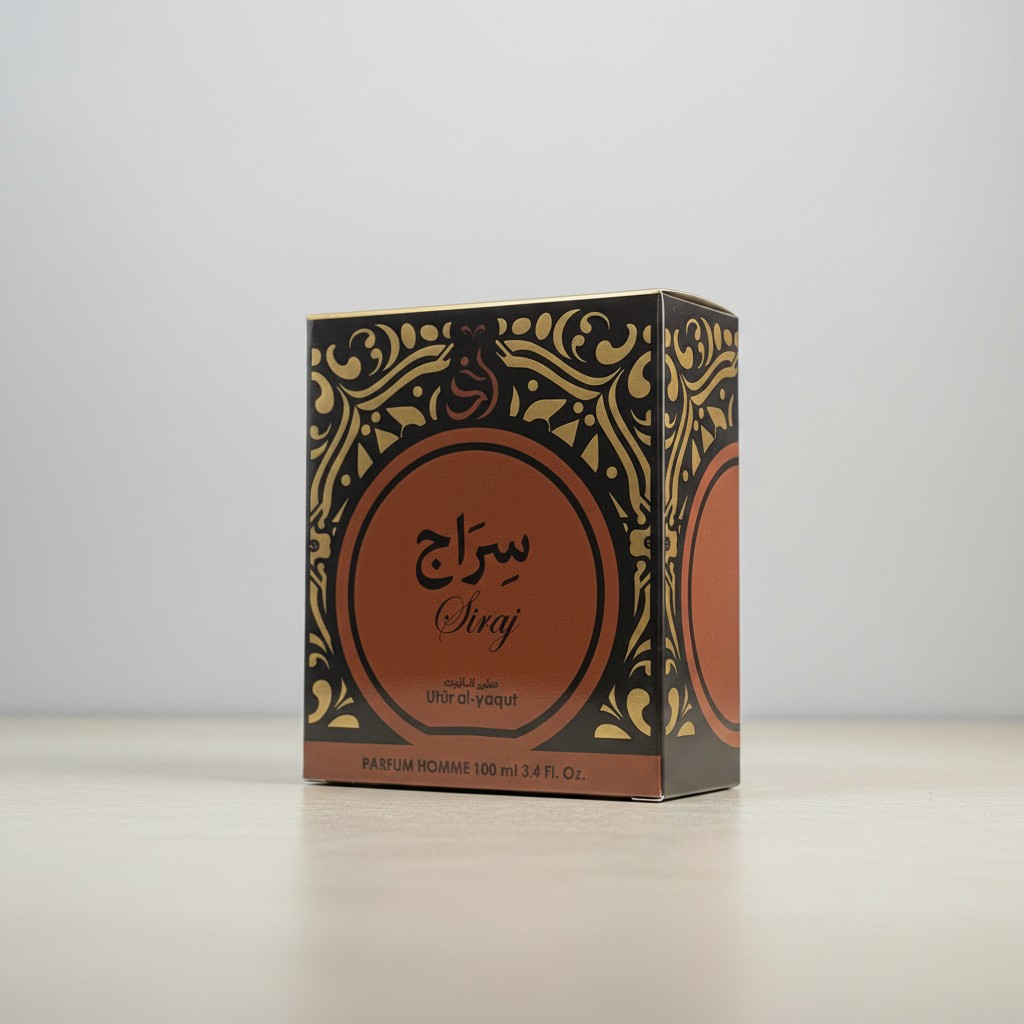 Sobre una superficie clara y un fondo liso, un estuche de perfume marrón y negro con la etiqueta Siraj Utir al yaqut y motivos decorativos dorados. La caja indica que es para hombre y contiene 100 ml.