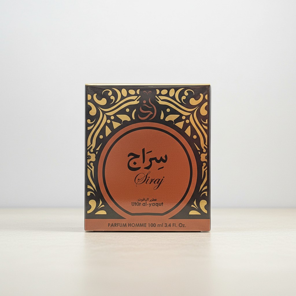 Perfumero cuadrado con motivos ornamentales dorados y marrones, texto en árabe e inglés que reza Siraj y Uttar al-yaqut. La caja tiene un fondo claro y liso.