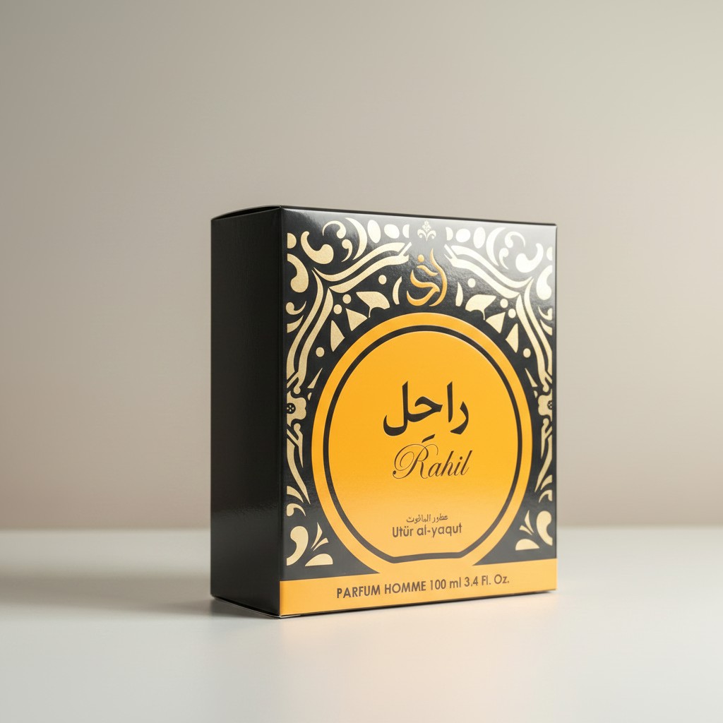 Caja de perfume negra y dorada con la etiqueta Rahil, con motivos ornamentales, texto en árabe e inglés y Parfum Homme 100 ml 3.4 Fl Oz. en la parte delantera. La caja aparece sobre un fondo neutro.