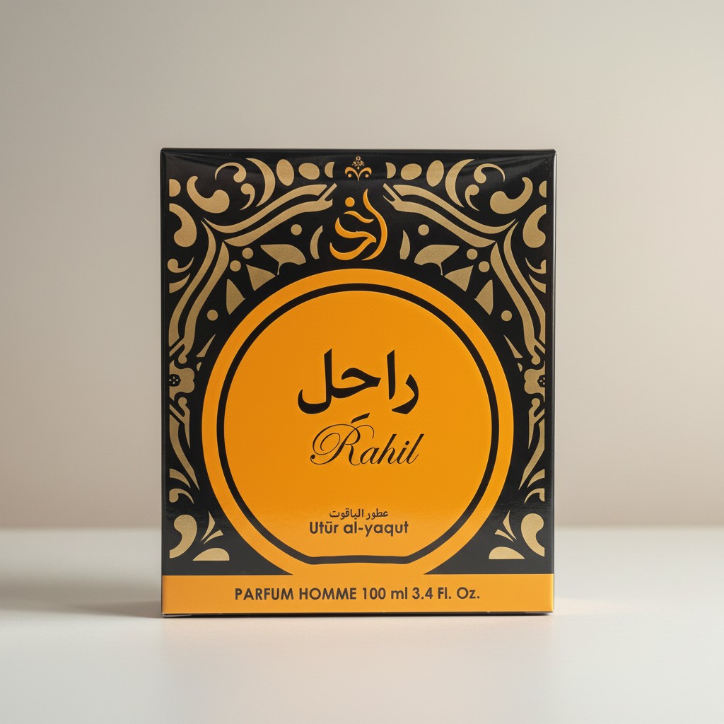 Un estuche de perfume con un diseño ornamentado en negro y dorado con caligrafía árabe y la palabra Rahil. La caja muestra Utr al-yaqut y Parfum Homme 100 ml 3.4 Fl. Oz. sobre un fondo amarillo anaranjado.