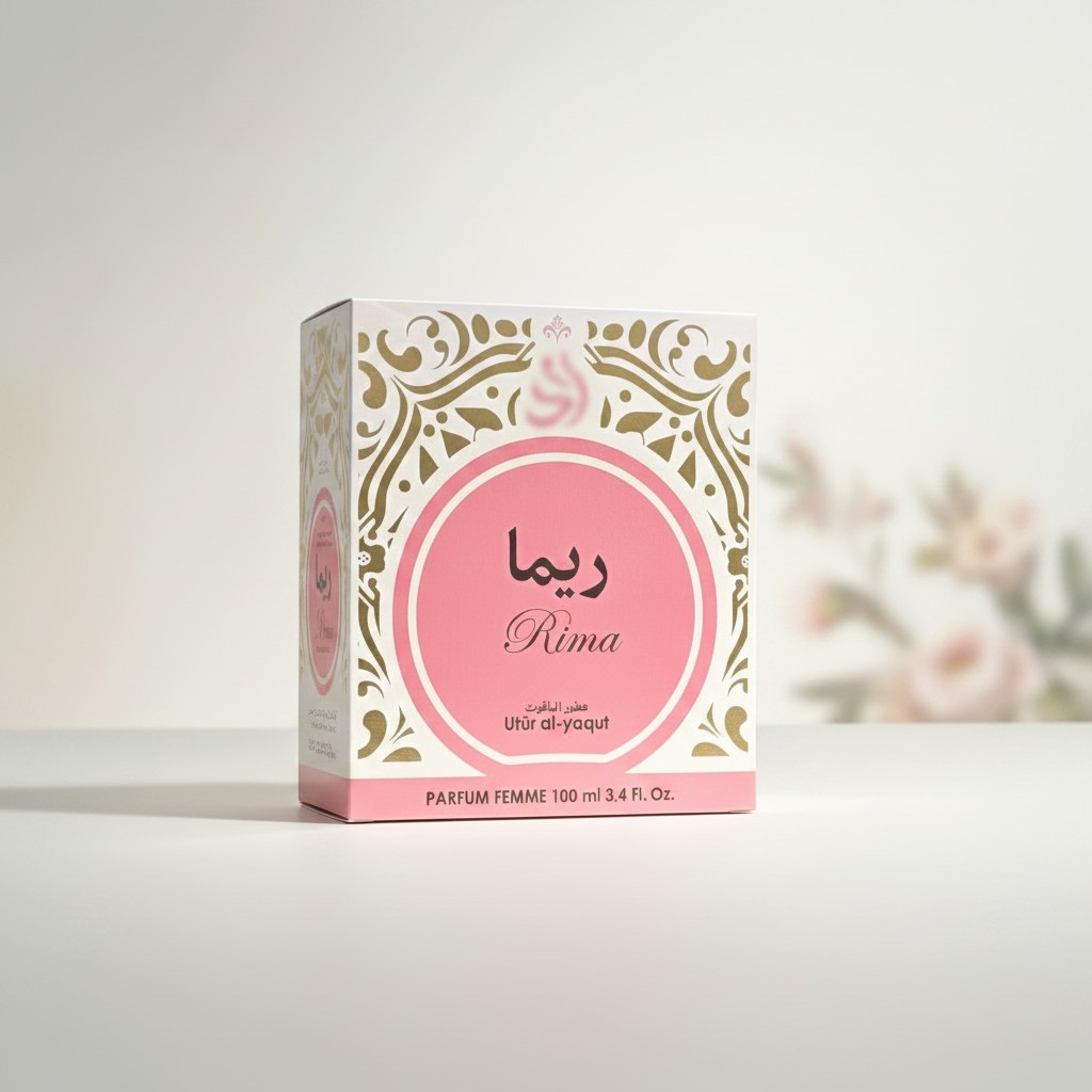 Caja de perfume rosa y blanca con la etiqueta Rima, con motivos decorativos dorados y texto en inglés y árabe, colocada sobre una superficie blanca con fondo floral difuminado.