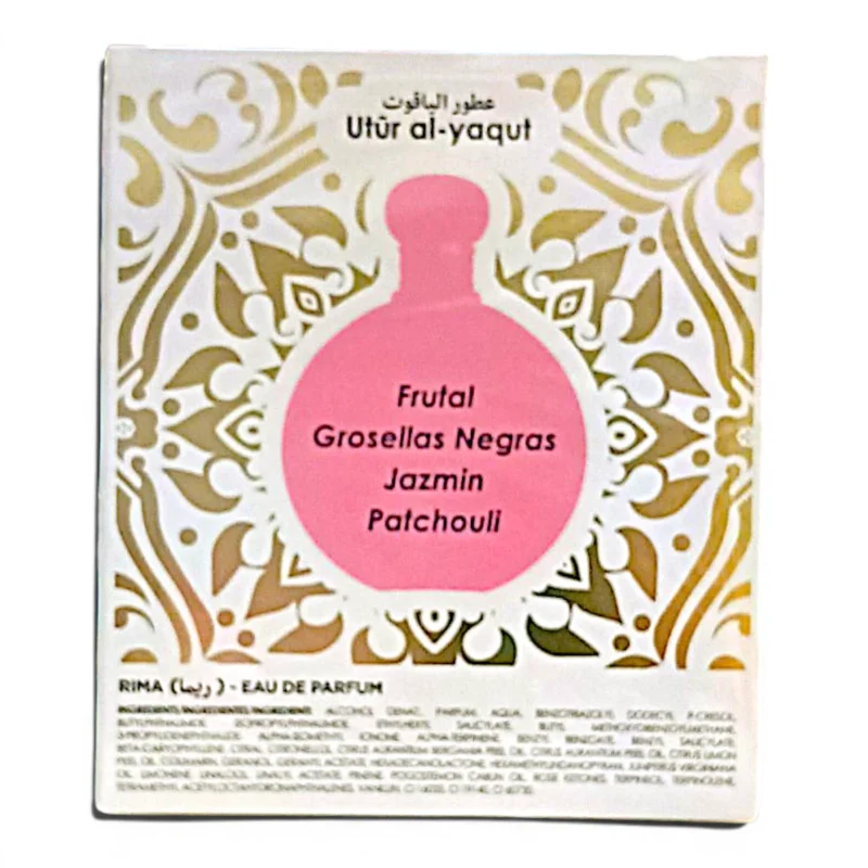 Paquete de perfume con motivos ornamentales dorados y blancos, con una ilustración de un frasco de perfume rosa etiquetado «Frutal, Grosellas Negras, Jazmin, Patchouli» y el nombre de la marca «Utür al-yaqut» en la parte superior. Paquete de perfume con motivos ornamentales dorados y blancos, con una ilustración de un frasco de perfume rosa etiquetado "Frutal, Grosellas Negras, Jazmin, Patchouli" y el nombre de la marca "Utür al-yaqut" en la parte superior.