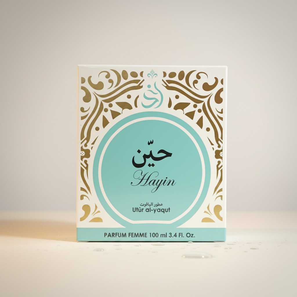 Caja de perfume con un diseño ornamentado en oro y verde azulado, con texto en árabe e inglés que reza Hayin y Utr al-yaqut. La caja indica que se trata de un perfume femenino de 100 ml.