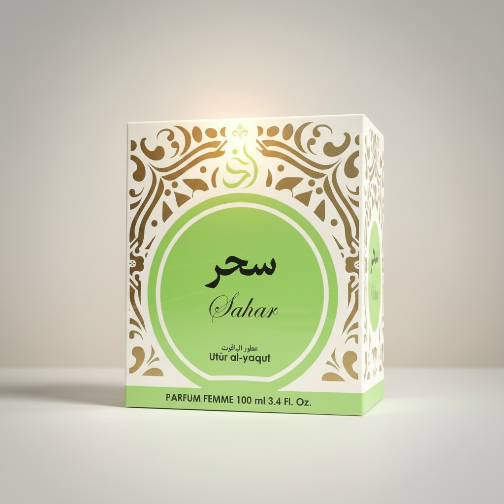 Caja de perfume con la etiqueta Sahar, con motivos dorados ornamentados, texto en árabe e inglés y un acento verde. En la caja también se indica Utur al-yaqut, PARFUM FEMME, y 100 ml 3.4 Fl. Oz.