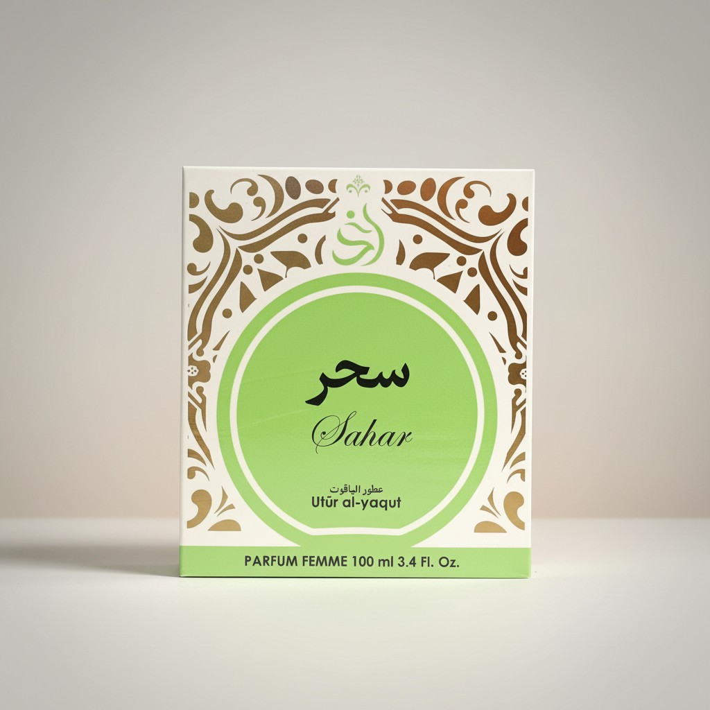 Caja de perfume etiquetada Sahar en inglés y árabe, con motivos decorativos dorados sobre fondo blanco y verde. La caja también muestra Utr al-yaqut y PARFUM FEMME 100 ml 3.4 Fl. Oz.