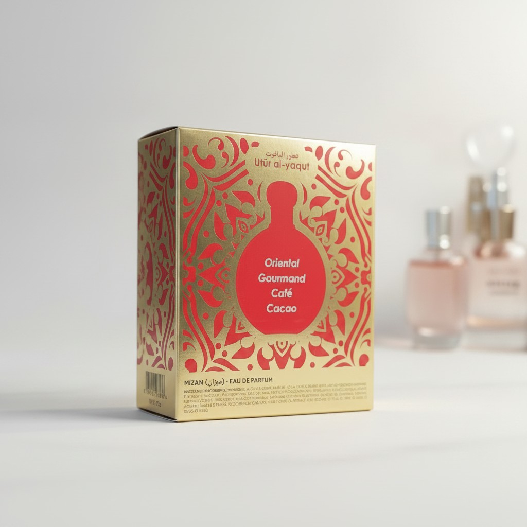 Una caja de perfume dorada y roja con la etiqueta The Oriental Gourmand Café Cacao y un diseño ornamentado se asienta sobre una superficie clara. En el fondo borroso hay dos elegantes frascos de perfume.