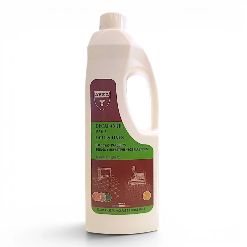 Botella de plástico blanco de 1L de Decapante para emulsiones de suelos Avel con asa, etiqueta verde y morada, imágenes de parquet, baldosas y suelos de plástico. El texto en español dice que es ideal para eliminar capas de emulsión de suelos.