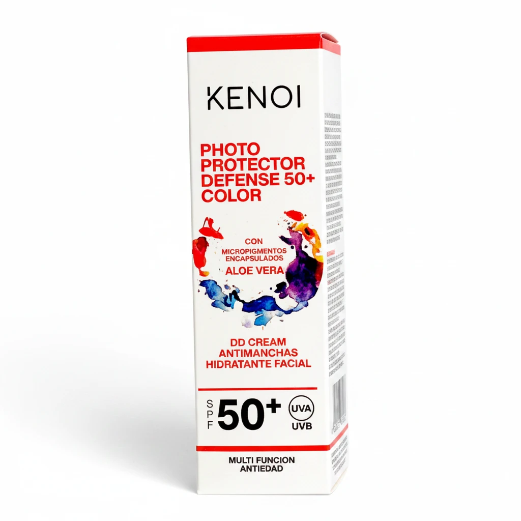 Una caja rectangular blanca de la crema solar Kenoi Photo Protector Defense 50+ Color, con texto en rojo y negro, que destaca sus beneficios como protector solar con FPS 50+, aloe vera y crema hidratante facial antimanchas.