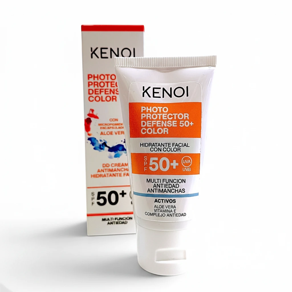 Kenoi Photo Protector Defense 50+ Color — tubo y caja juntos